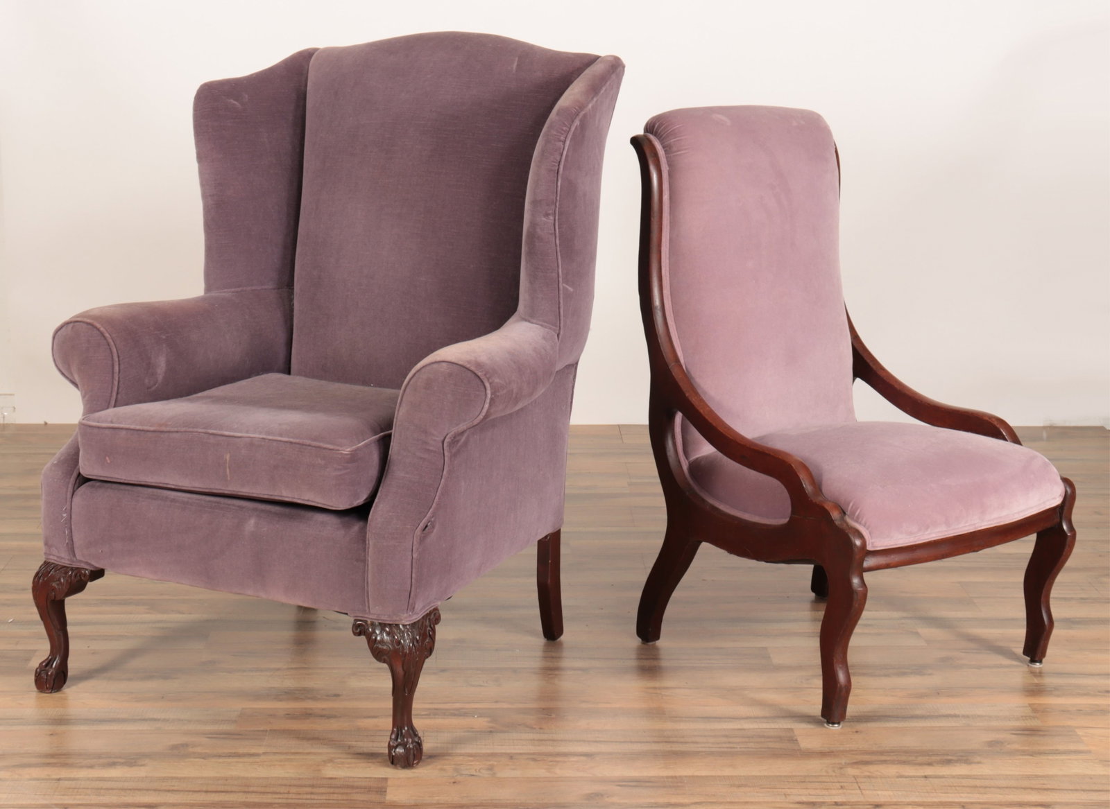 George III Style Mahogany Wing & Slipper Chairs: George III Style Mahogany Wing Armchair & Slipper Chair, upholstered en suite with purple velour Armchair 43.5" H x 33" W x 31" D