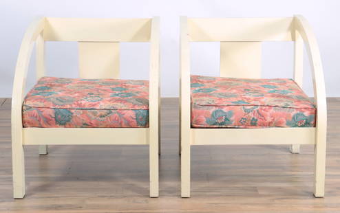 Paul Frankl - Pair of 'D' Chairs: Paul Frankl - Pair 'D' Chairs, unmarked, upholstered in foliate fabric 27.5" H x 24" W x 27" D