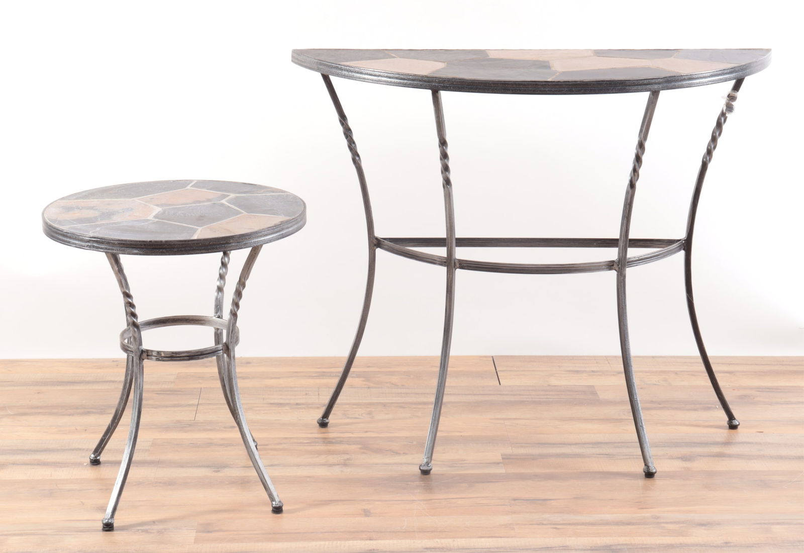 Iron and Tiled Demilune & Side Table: Iron Demilune & Side Table, Slate & Ceramic Topped Demilune 30" H x 36" W x 14.5" D