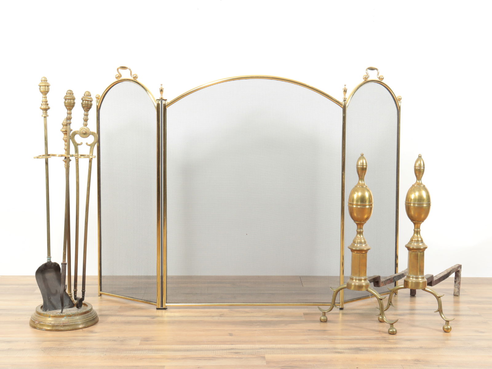 Classical Brass Andirons, Tools, Screen (1 of 7)