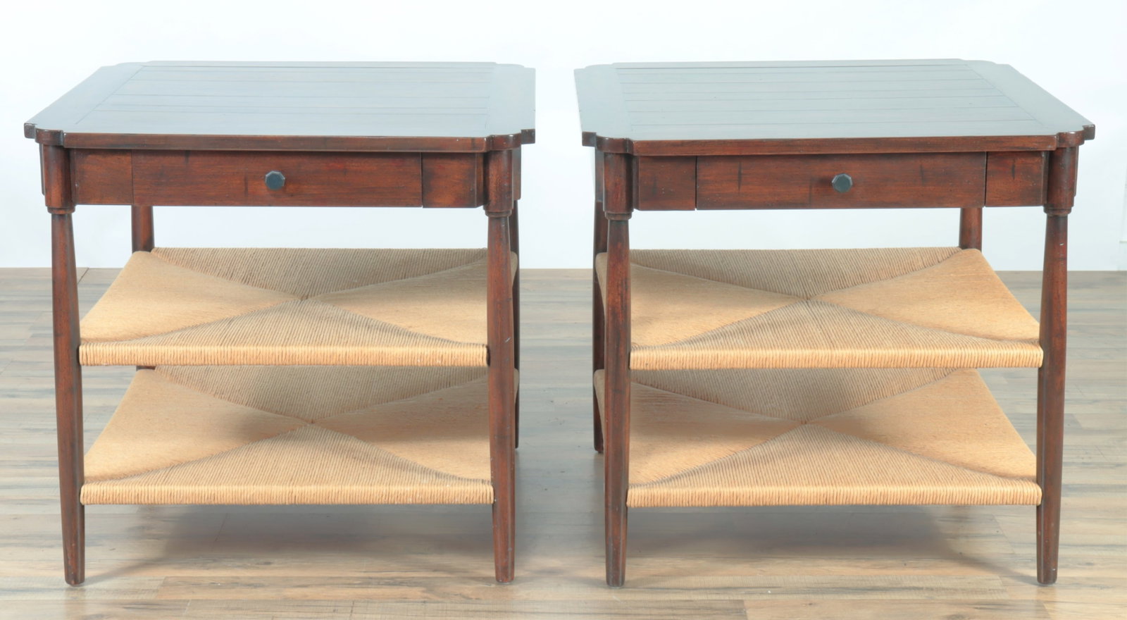 Pair of McLain Weisand Fenwick Side Tables: McLain Weisand Fenwick Side Tables. One drawer over two rush shelves. 28.5" H x 30" square. Property from a private Long Island collection.