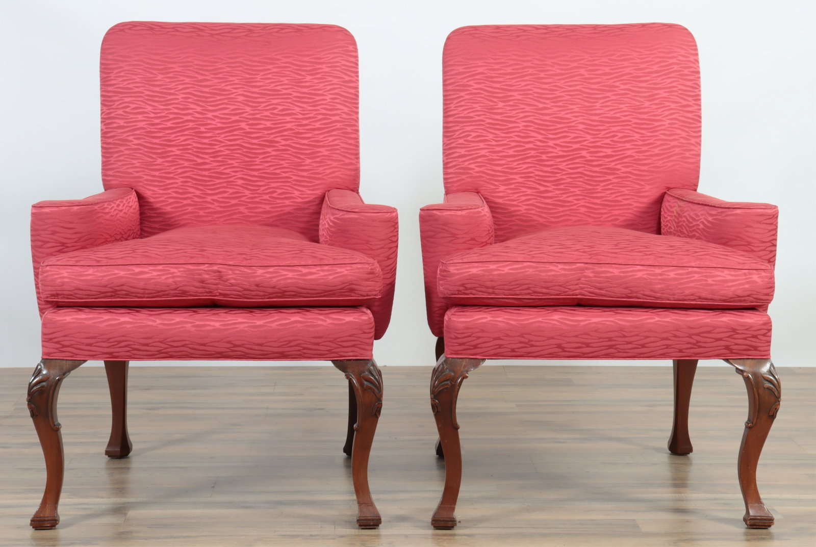 Pair of George III Style Mahogany Armchairs: Pair of George III Style Mahogany Armchairs, upholstered in crimson brocade. 39" H x 29" W x 28" D