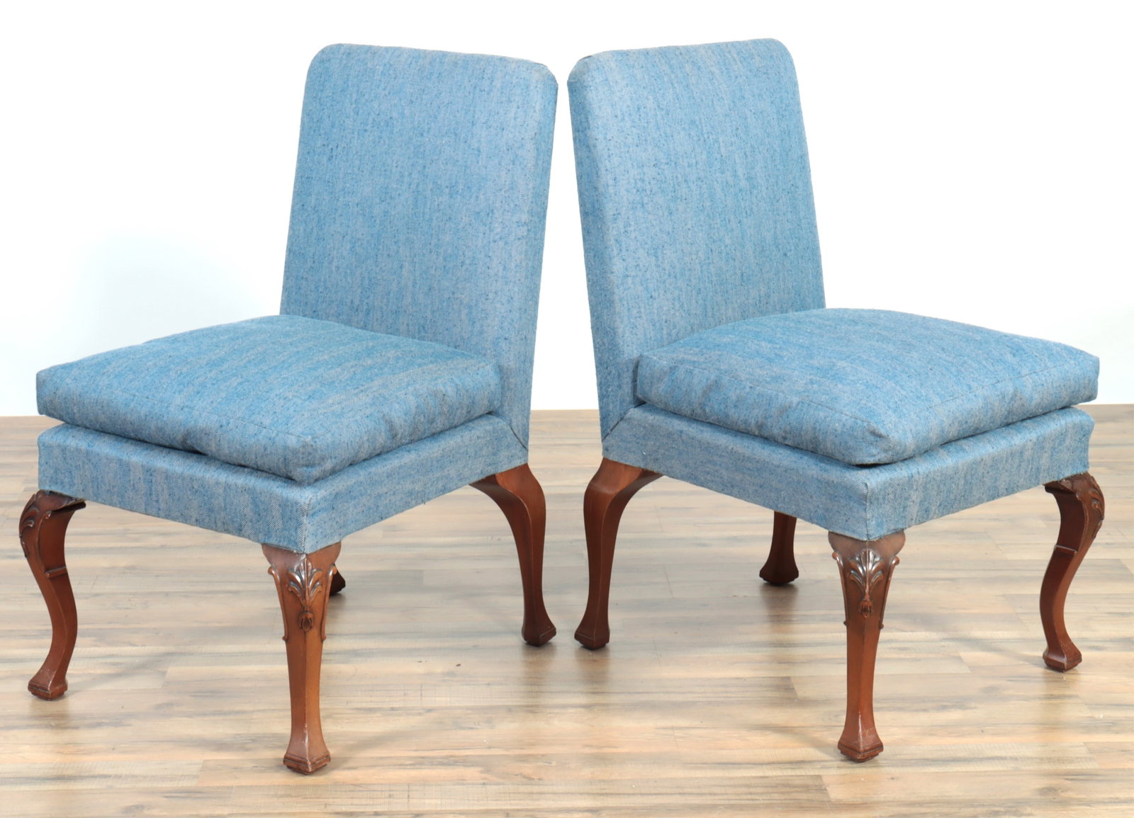 Pair of George III Style Mahogany Side Chairs: Pair of George III Style Mahogany Side Chairs, upholstered in blue woven fabric. 39" H x 23" W x 28" D