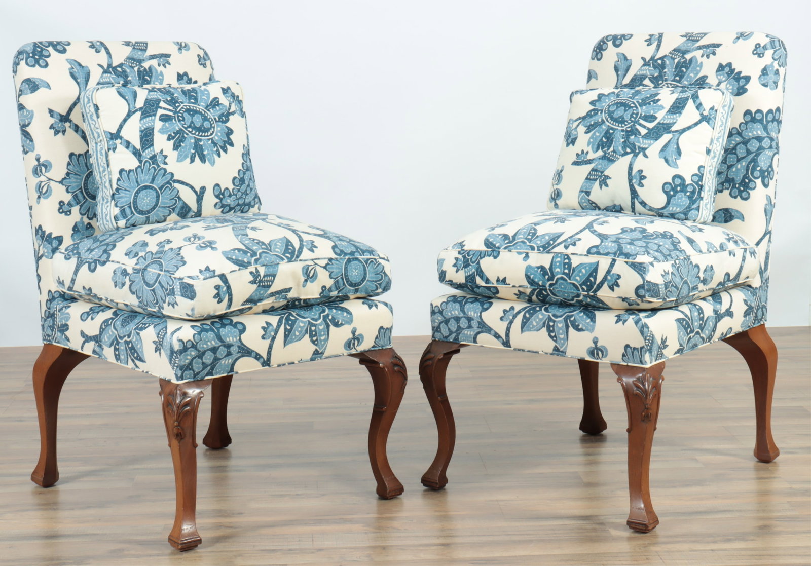 Pair of George II Style Mahogany Side Chairs: Pair of George II Style Mahogany Side Chairs, upholstered in blue and white cotton print. 39" H x 23" W x 28" D