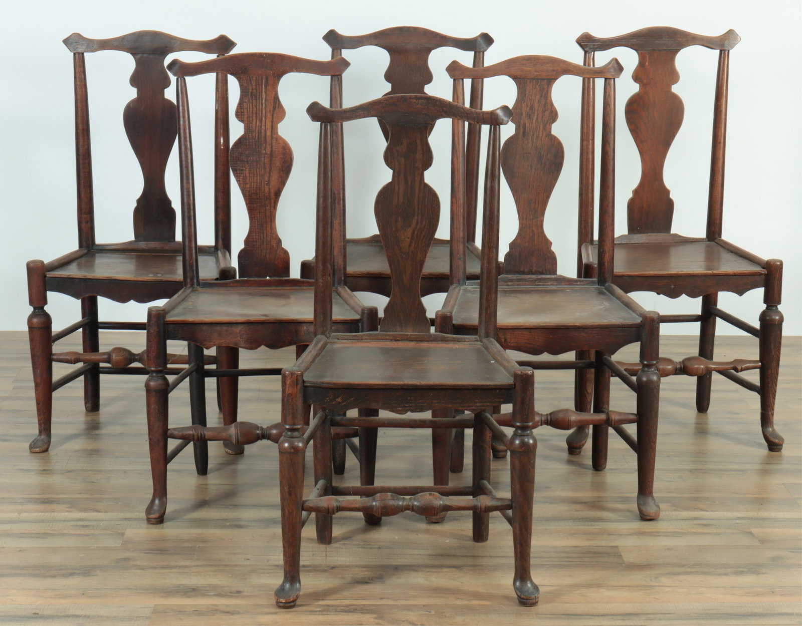 Six Matched Yorkshire Oak Side Chairs, 19th C: Six Matched Yorkshire Oak Side Chairs, 19th C, solid splat back, arched crest, pad feet. 38.5" H x 19" W x 15" D From a Litchfield Connecticut Farmhouse