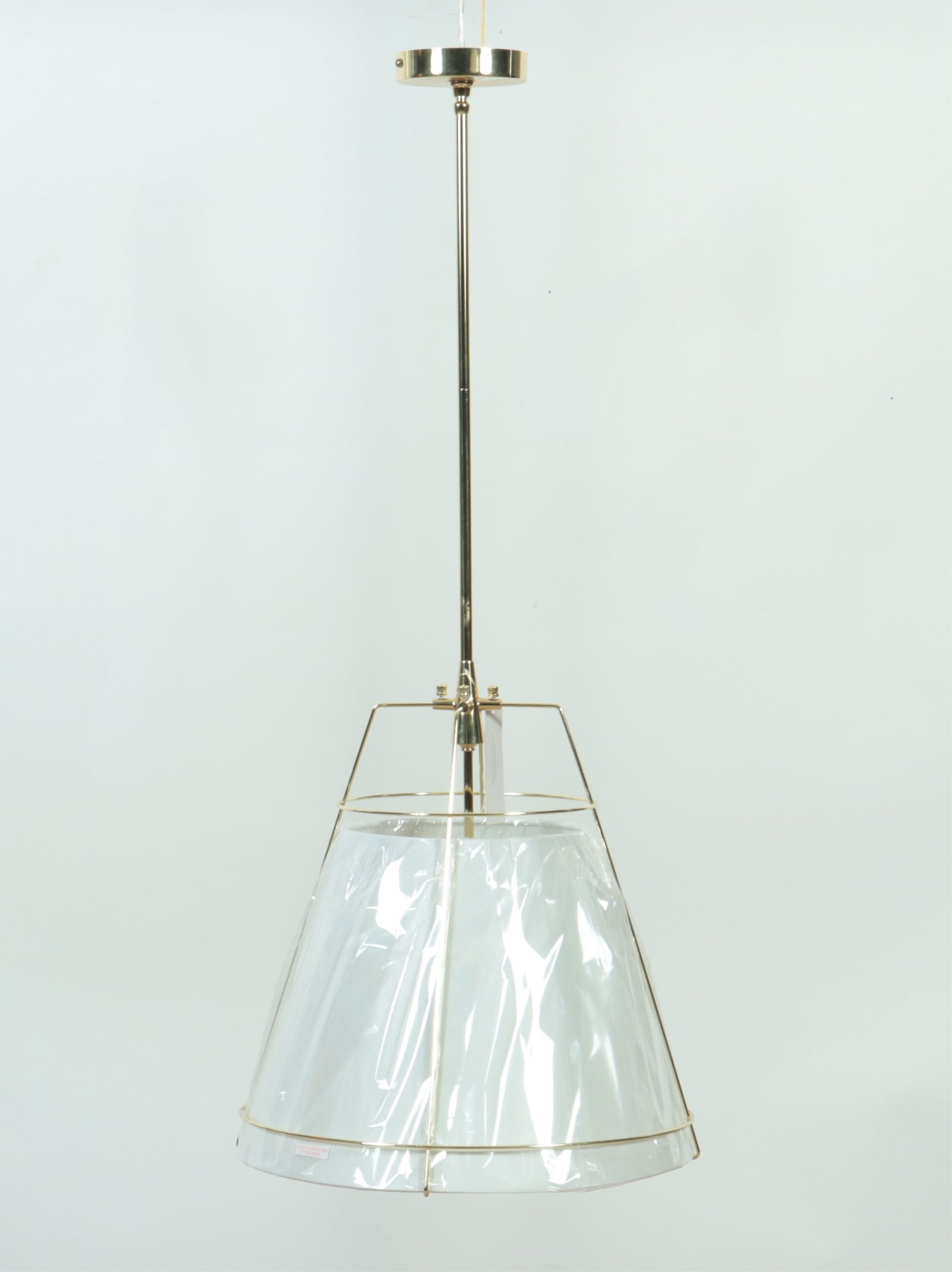 Pair of Ivory & Deene 'Jessie' Ceiling Fixtures: Pair of Ivory & Deene 'Jessie' Ceiling Fixtures. Gold hardware with white linen shade. 40" H x 15.5" Diameter