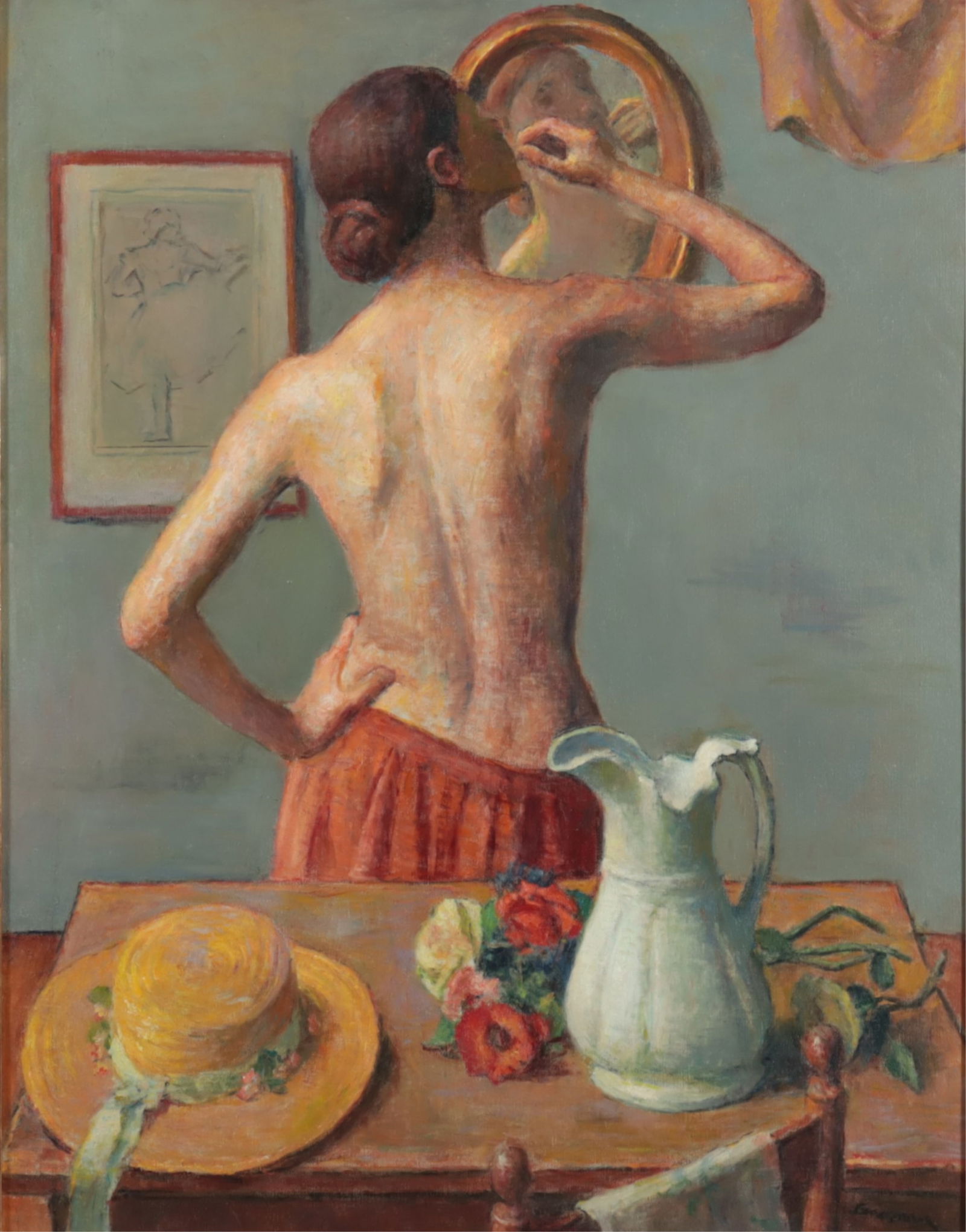 Robert Brackman - Early Chores - O/C: Robert Brackman, American, 1898-1980, Early Chores, oil on canvas, signed lower right, verso titled & signed 36 x 28, framed 44 x 35 1/2"