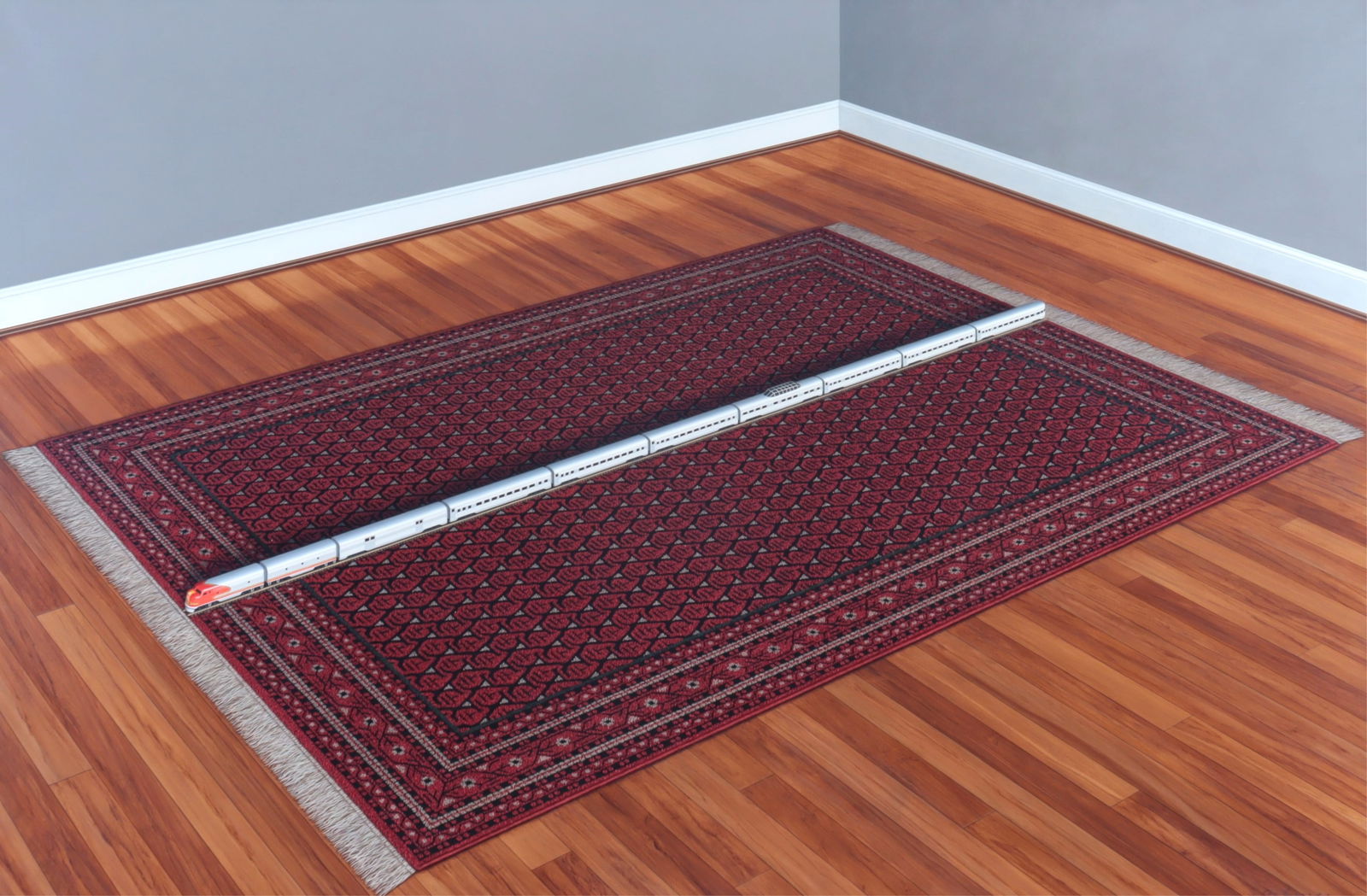 Frank Holmes - Photorealism Model Train O/C: Frank Holmes (American, b.1938). Santa Fe Super Chief model railroad on an antique rug. Face leafed and natural wood grain frame.The Santa Fe Super Chief ran from Chicago Ill. to Los Angeles CA. stret