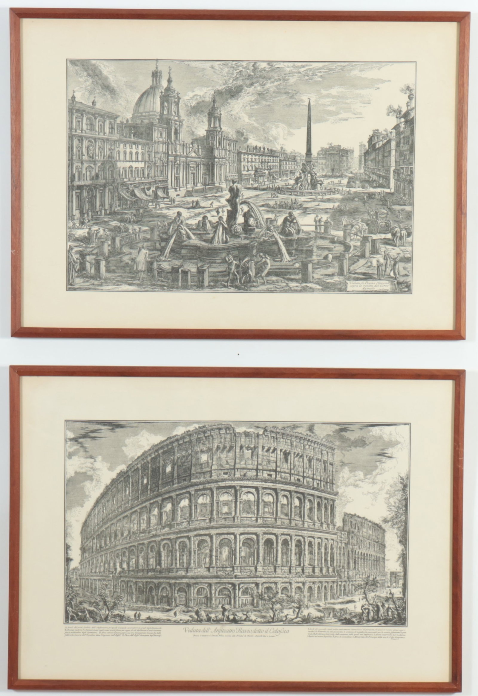 After Piranesi Piazza Navona & Coliseum: After Giovanni Battista Piranesi, Italian, 1720-1778, Veduta Di Piazza Navona sopra le rovine del Dirco Agonale and The Coliseum from Le Vedute di Roma Image 14 x 21, framed 20 x 28 inches. From the E