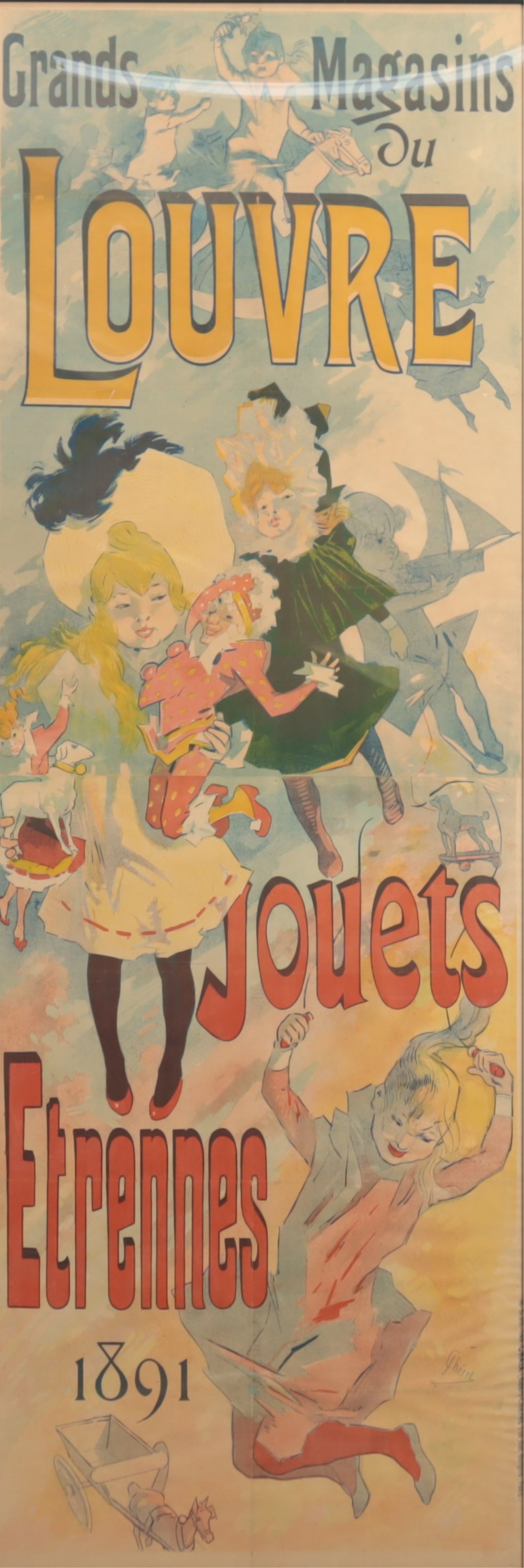 Jules Cheret - Grands Magasins Du Louvre, 1891: Jules Cheret, French, 1836-1932, Grands Magasins Du Louvre/ Jouets Etrennes, 1891, Chaix, Paris, lithograph poster 98 1/2" x 35 3/8" From a Litchfield County Connecticut Collector