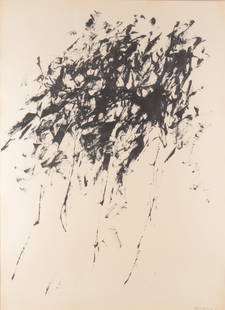 Kyle Morris - Black Abstract - paint on paper: Kyle Morris, American, 1918-1979, Black Abstract, paint on paper, pencil signed lower right. Verso Gallery label "KOOTZ GALLERY 655 MADISON AVE NEW YORK 21", framed by Kulicke30 x 22, framed 36 1/2 x