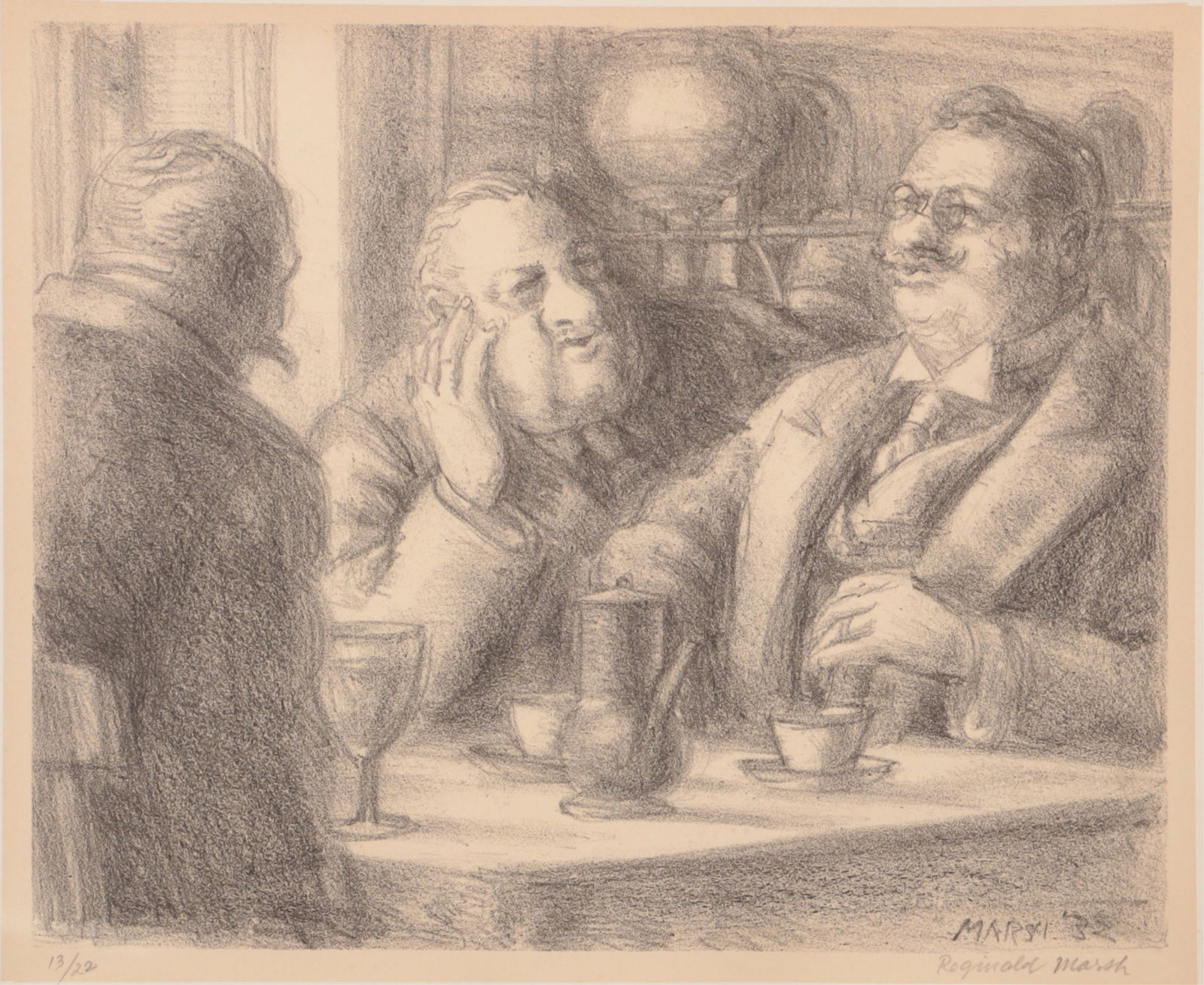 Reginald Marsh, Cafe Brasserie C 1932 Lithograph: Reginald Marsh (American, 1898-1954). Signed as part of plate Marsh 32 LR. Edition numbered 13/22 LL, signed LR both in graphite. Old gallery label verso. Printed paper laid on paper. Textured "pebbly