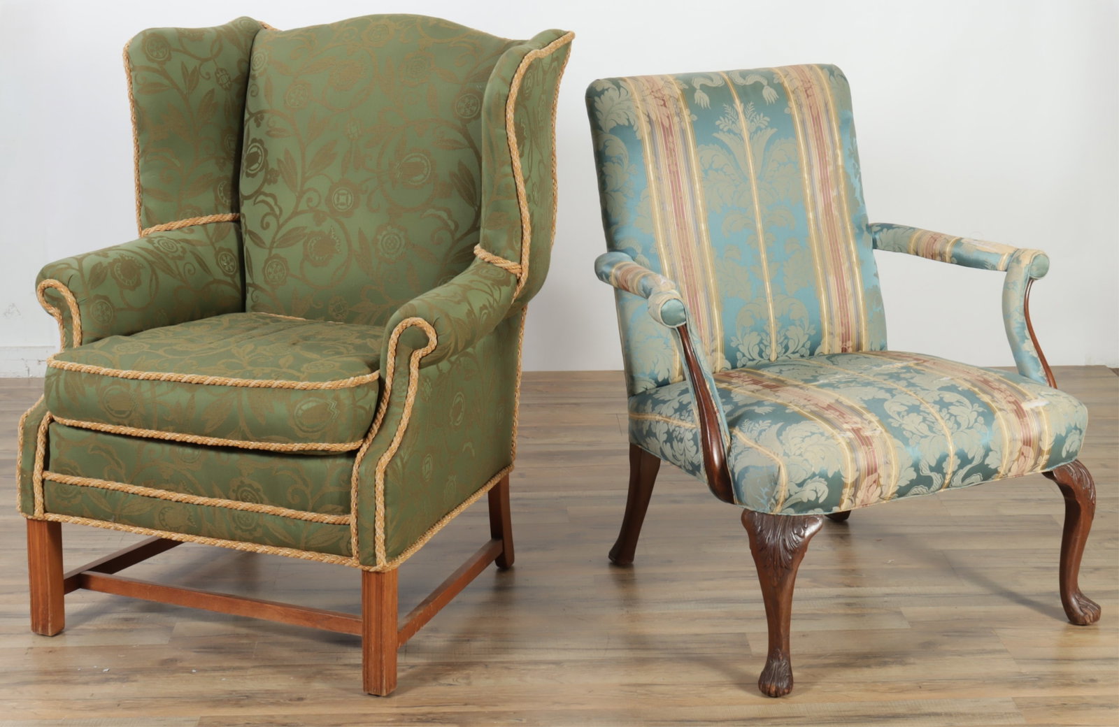 George II Style Wing Armchair and Library Chair: George II Style Wing Armchair and Library Chair Larger 42" H x 33" W x 30" D Property from a Northwest Connecticut collection