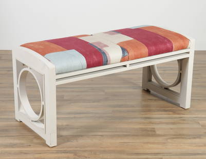 Art Deco Style Window Bench: Art Deco Style Window Bench. Painted white, upholstered in geometric woven print.20" H x 43" W x 20" DProperty from a Connecticut collection.