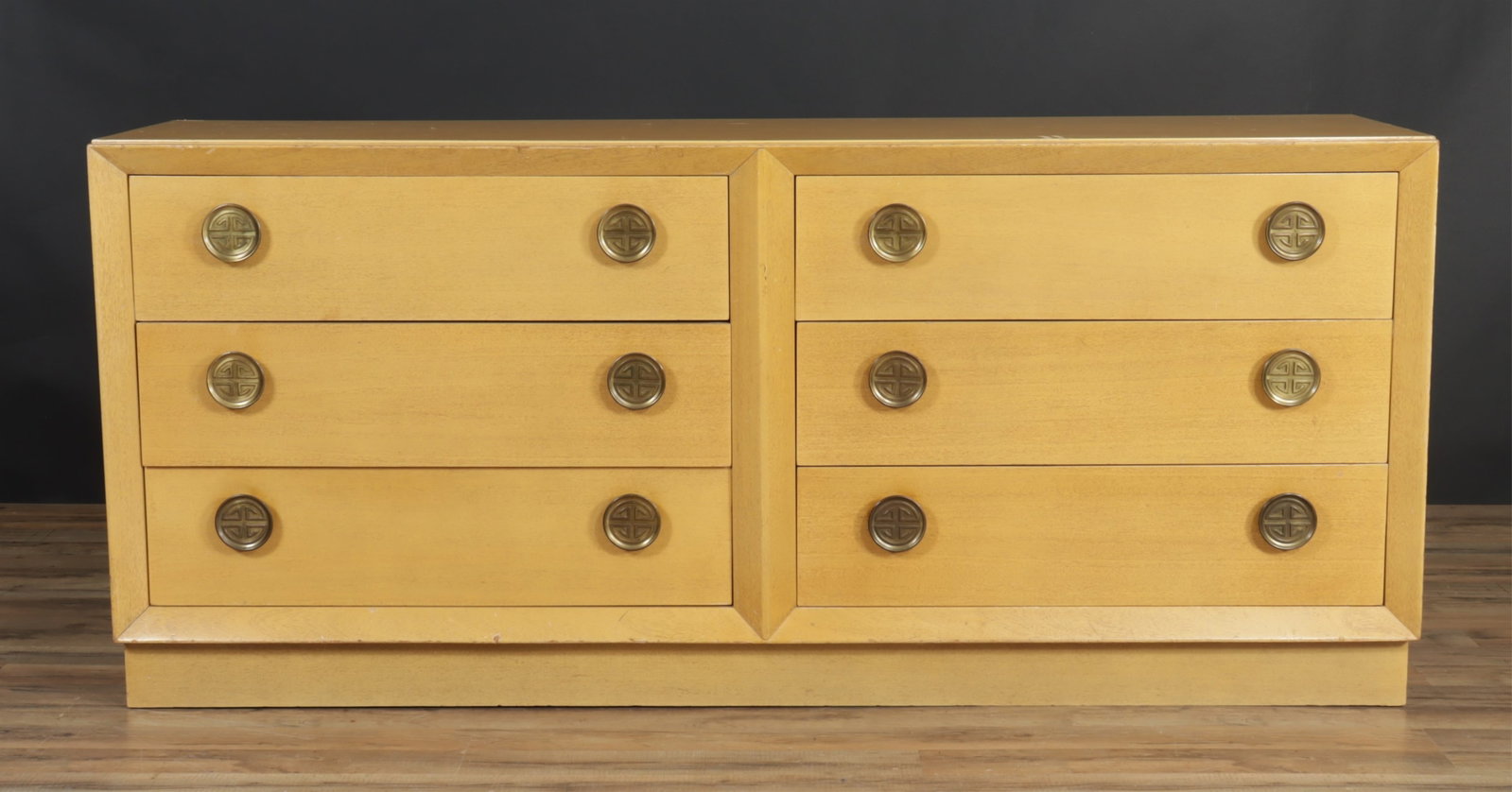 Mid-Century Double Dresser, c.1950: Mid Century Faded Walnut Double Dresser, circa 1950 31.5" H x 71.5" W x 19.25" D Property from a Connecticut collection.