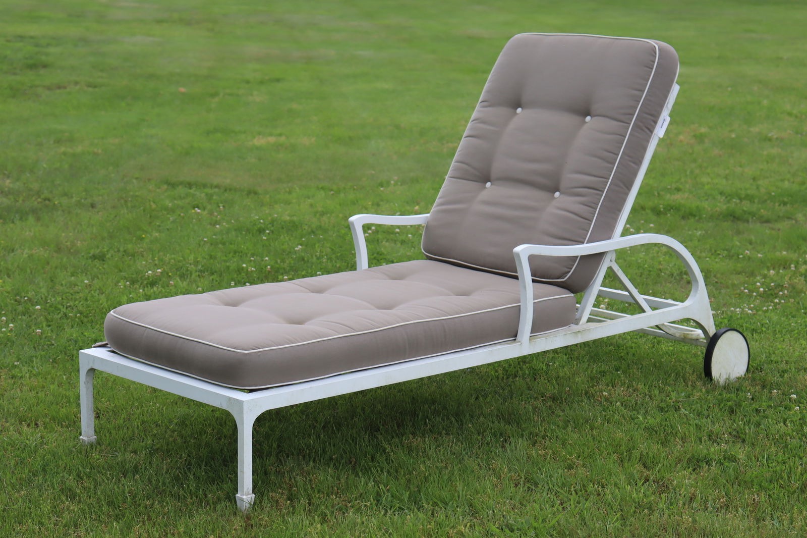 McKinnon & Harris Beaufort Chaise Lounge: McKinnon & Harris Beaufort Chaise Lounge. Upholstered in gray fabric.41" H x 29.5" W x 88" L