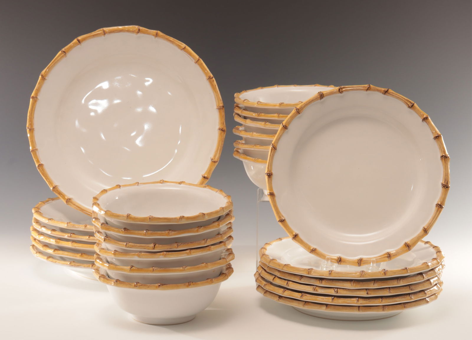 Juliska Classic Bamboo Plates & Bowls: Juliska Classic Bamboo form stoneware plates and bowls, includes 6 dinner plates, 6 salad plates and 12 bowls11 1/4"dinner plate, 9 1/4 salad plate, 6 3/4 bowlFrom Arethusa Farm Litchfield Connecticut