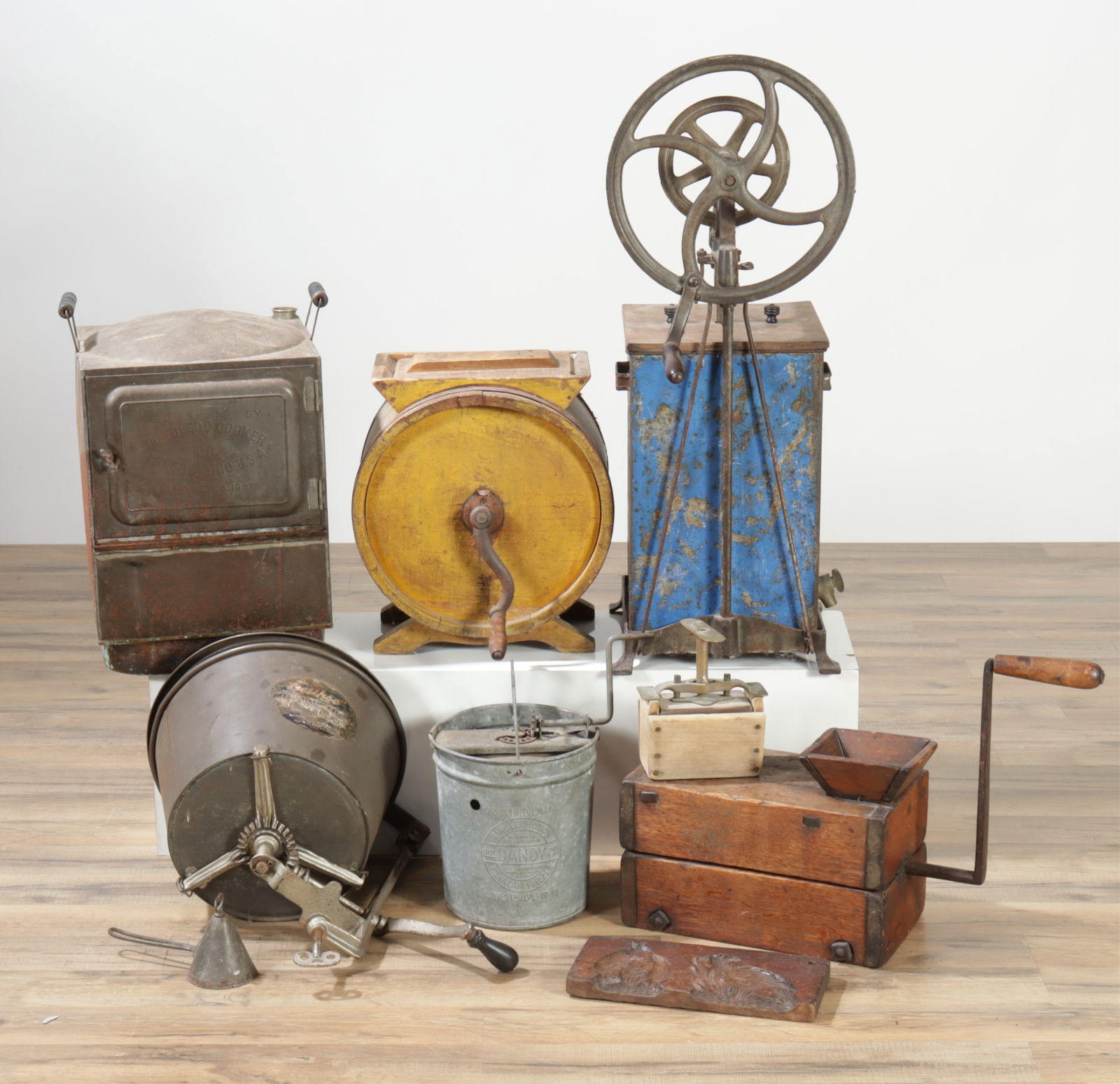 Kitchen Machinery - Butter Churn, Coffee Mill, Etc: Antique and Vintage manual kitchen machinery includes Vintage Dazey Butter Churn, St. Louis Mo., a small butter mold press, a coffee mill, Manning Bowman Eclipse Bread mixer-Kneader, Toledo cooker, Da