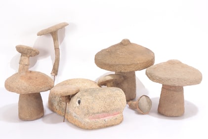 Group of Cast Cement Garden Mushrooms & Frog