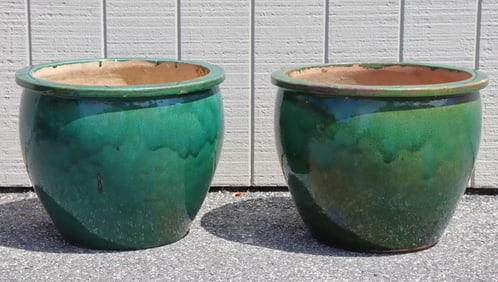 Large Pair of Green Glazed Earthenware Planters
