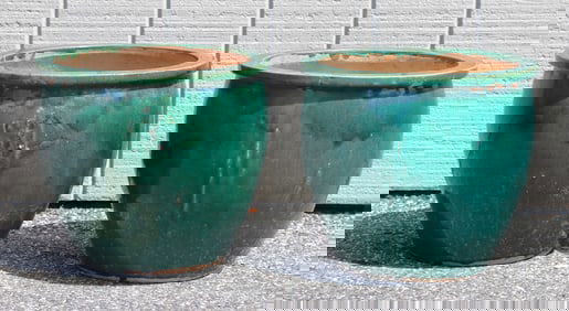Pair of Green Glazed Earthenware Planters