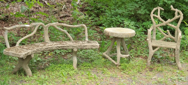 Suite of Faux Bois Cast Cement Seating Furniture