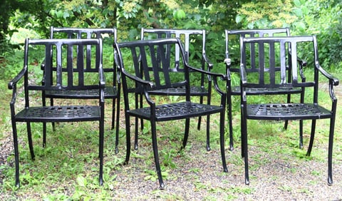 Six Black Painted Metal Patio Armchairs