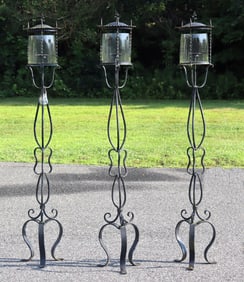 Three Black Painted Iron Garden Torchieres