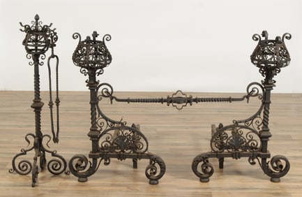 Renaissance Revival Iron Andirons & Fire Tools
