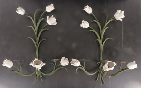 Pair of Tulip Porcelain & Iron Wall Sconces