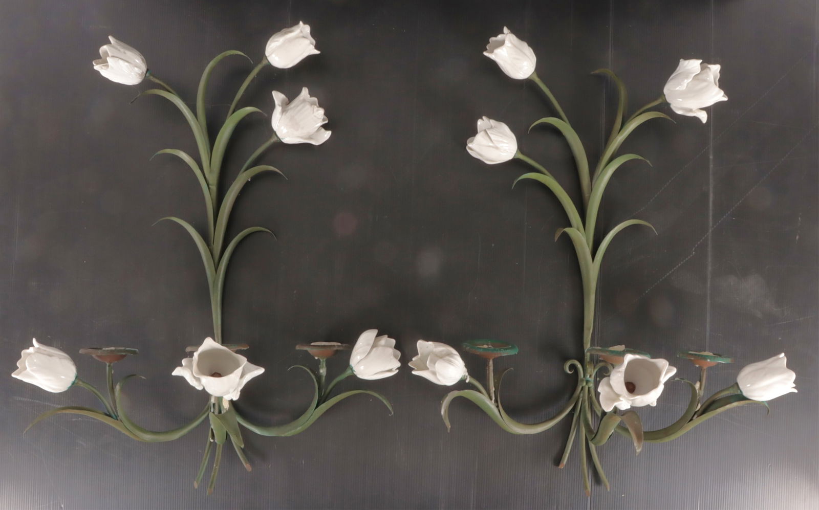 Pair of Tulip Porcelain & Iron Wall Sconces (1 of 8)