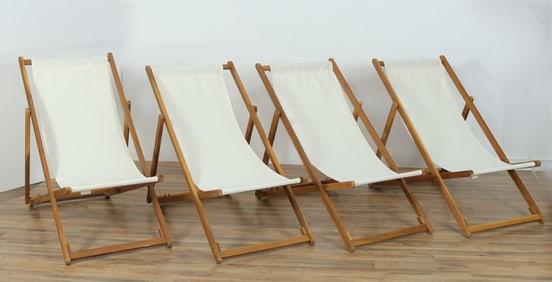 Four Folding Teak & Canvas Sling Chairs