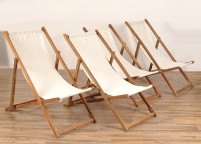 Four Folding Teak & Canvas Sling Chairs