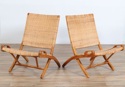 After Hans Wegner Rattan and Wood Folding Chairs