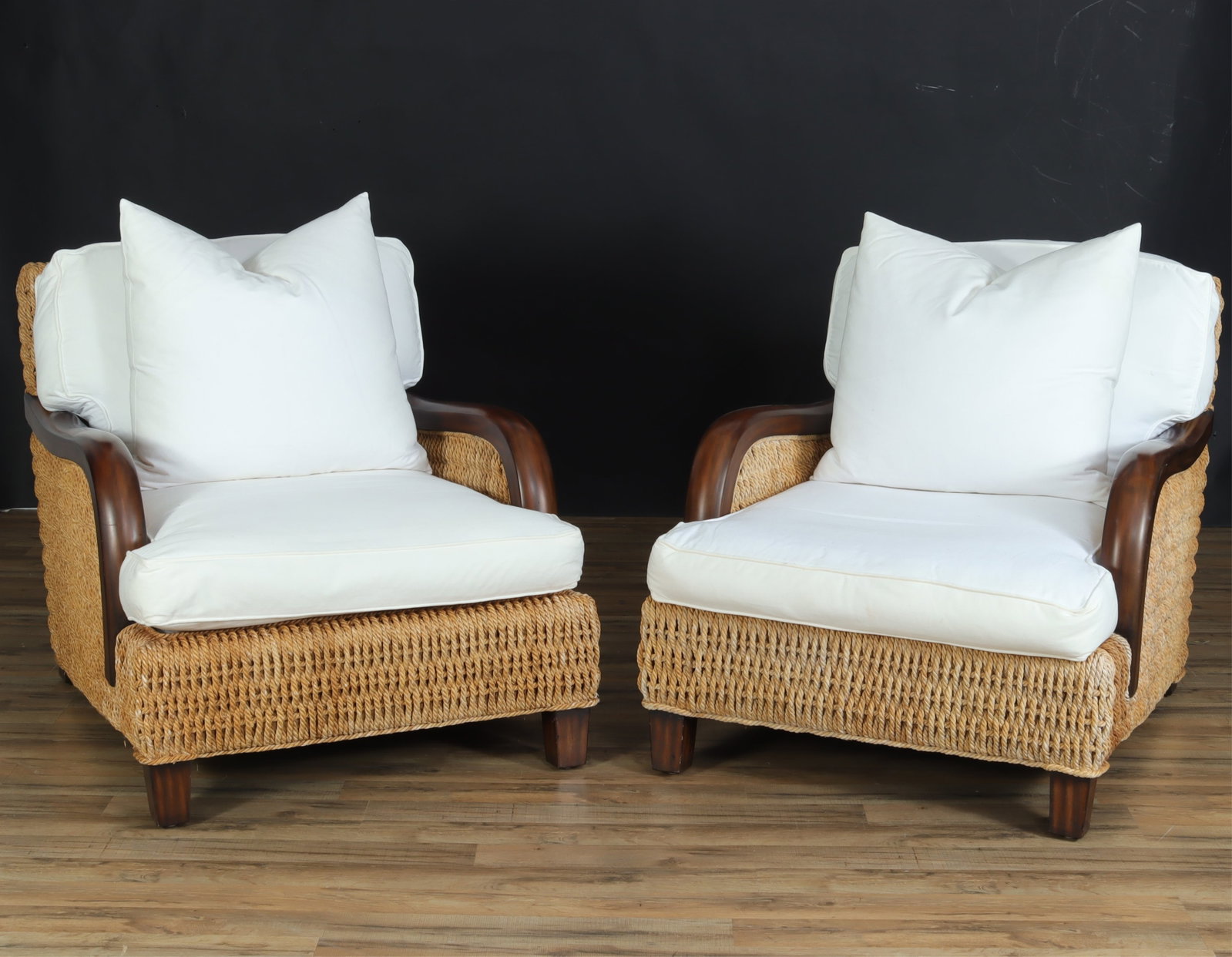 Ralph Lauren Barrymore Club Chairs: Pair Ralph Lauren Barrymore Rope and Cherry Club Chairs, upholstered in white cotton. 33" H x 32" W x 44" D From a private Long Island collection