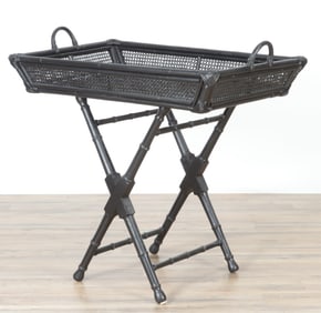 Black Painted Wicker Tray on Stand