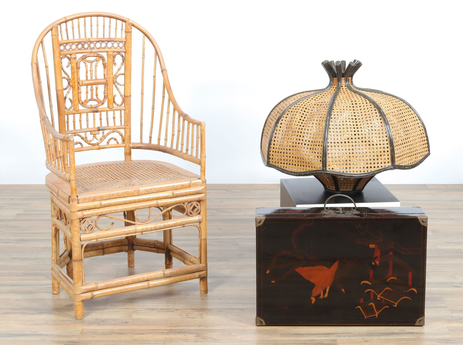 Vintage Asian Bamboo Chair, Caned Shade, Suitcase (1 of 11)