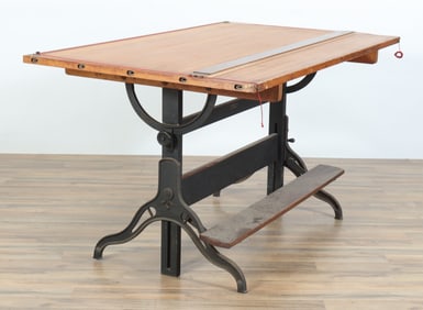 Large Vintage Cast Iron and Wood Drafting Table