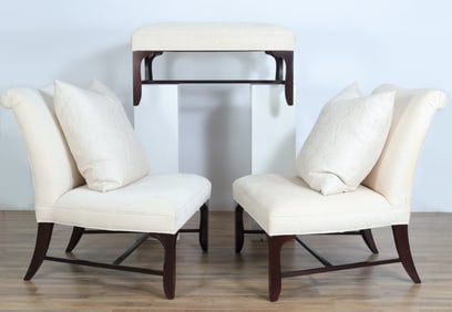 Pair Barbara Barry for Baker Chairs & Ottoman