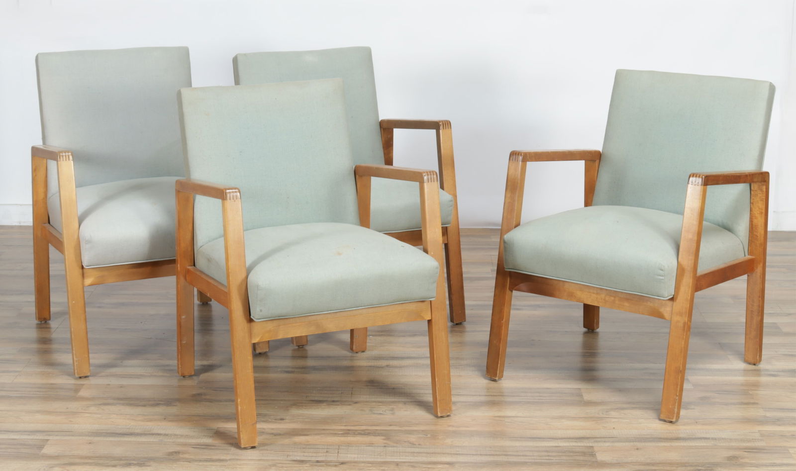 Alvar Aalto Maple Armchairs, Model 403, c.1945: Group of four Alvar Aalto maple armchairs, circa 1945, Model 403. Upholstered in mint green cotton.