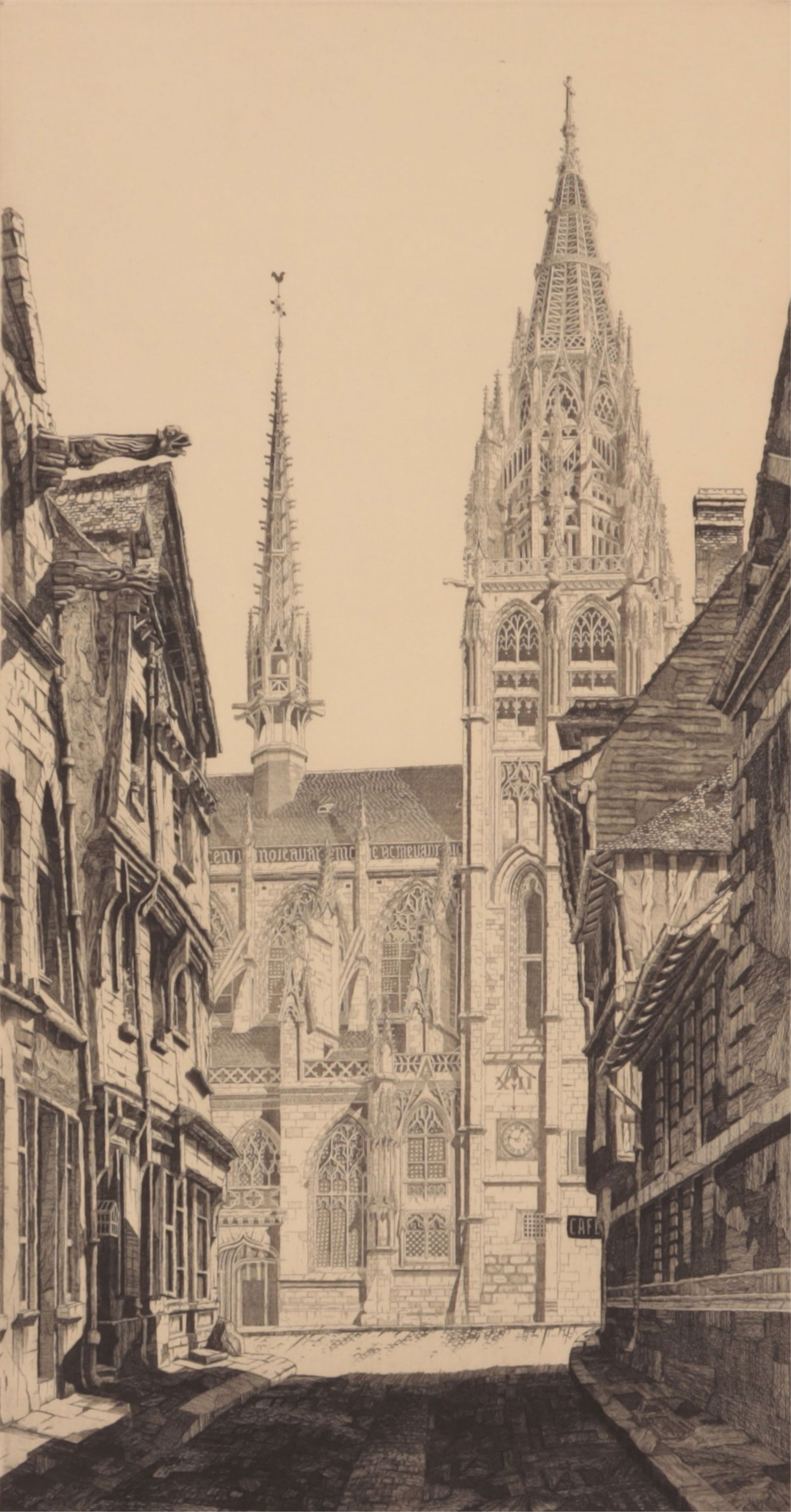 John Taylor Arms - Sunlight on Stone, Etching: John Taylor Arms (American, 1887 - 1953) 'Sunlight on Stone, Caudebec-en-Caux' etching, 1931. Inscribed in graphite: Trial II V, Guide proof used in printing of edition JTA, Second and published state