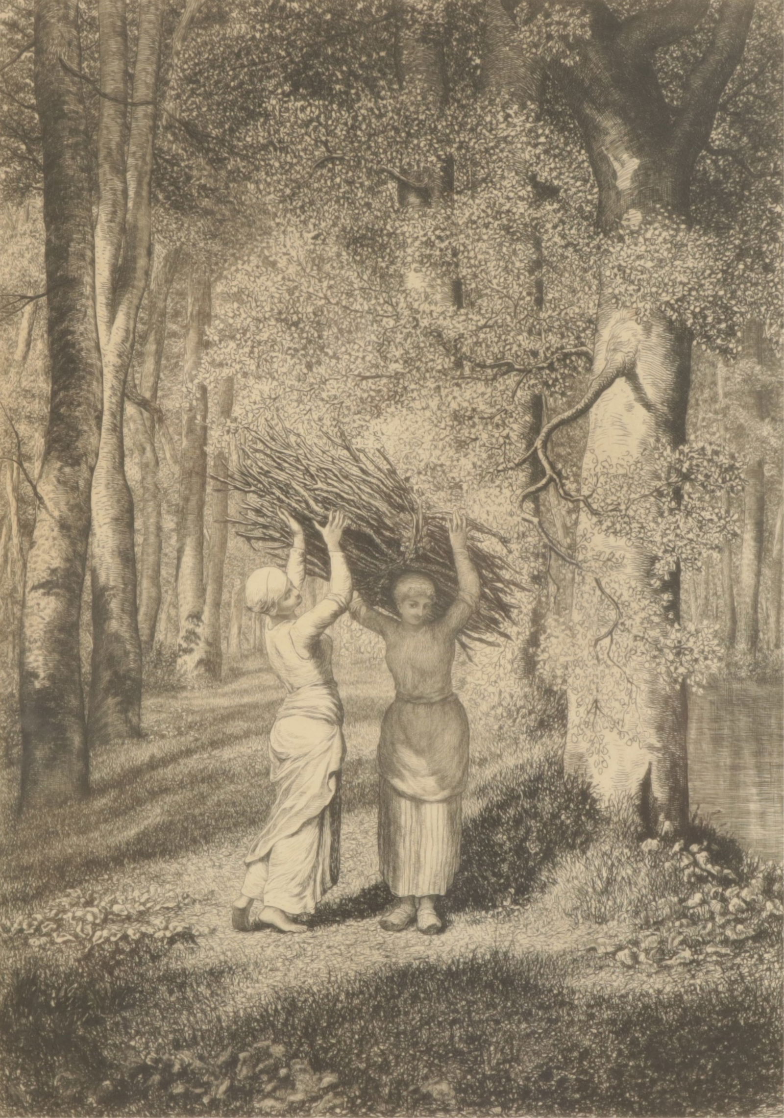 Adolphe Martial Potemont - Twig Gathers: Adolphe Martial Potemont (French, 1827 - 1883). Twig Gathers, etching. Initialed RM lower center. 15 x 10.5" Framed 31.75 x 26"