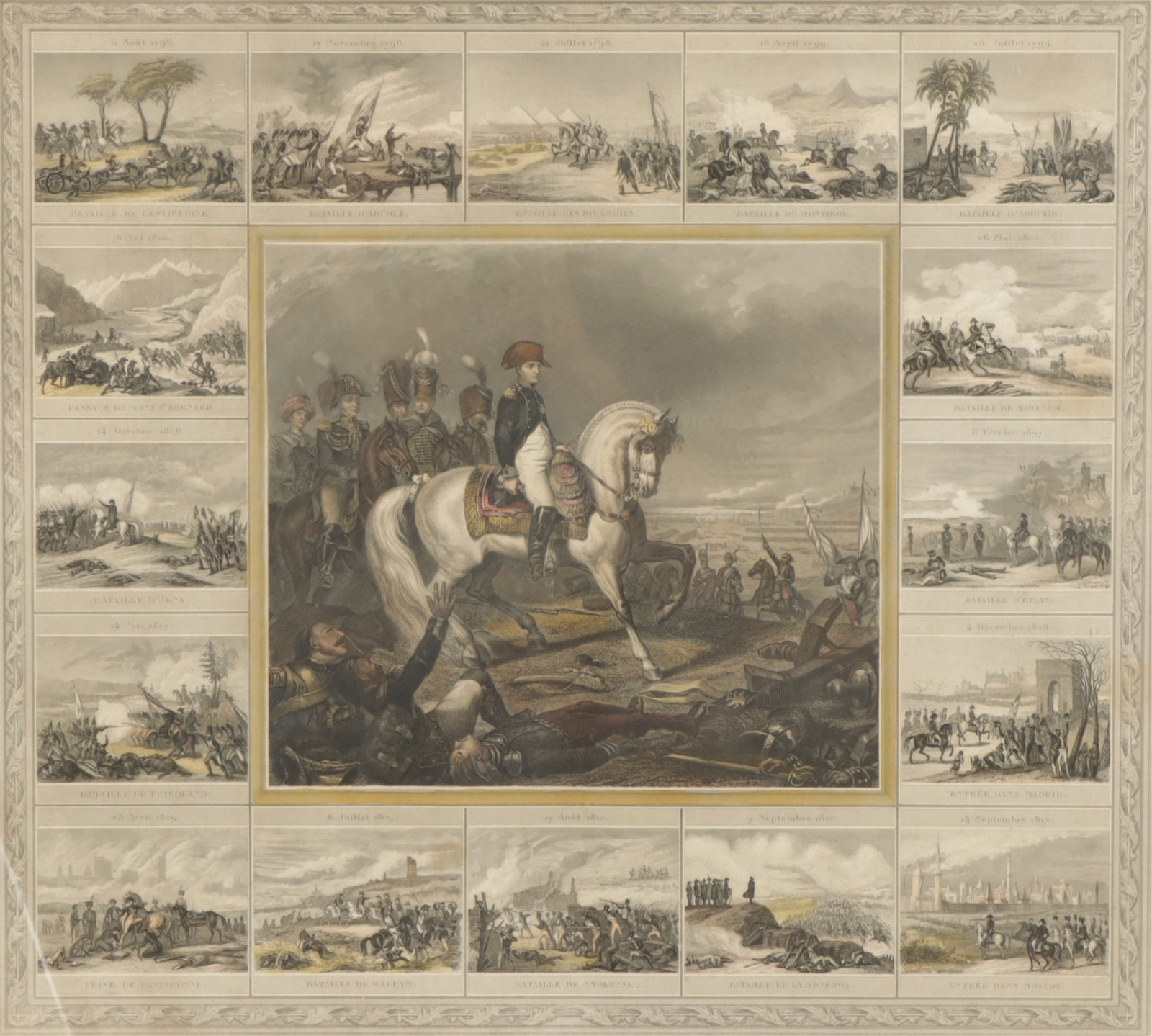 Emile Rouargue - Napoleon in Battle: Emile Rouargue (French, 1795 - 1865) Central image of Napoleon in the Battle of Austerlitz, surrounded by 16 additional scenes of Napoleon in battle.Napoleon a la Bataille d'Austerlitz, le 2 Decembre 