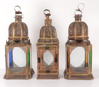 Three Antique Pierced Brass Lanterns