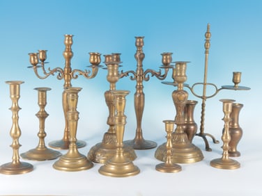 13 Pcs. Brass Candle Holders & Vases