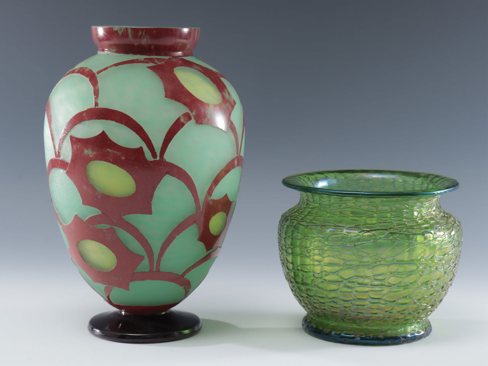 Loetz Thread Vase & Charles Schneider Vase: Loetz Bohemia iridescent crete chine green thread vase along with Art Deco style Charles Schneider Charder cameo vase Loetz 4 1/2H x 5 1/2W, Schneider 9 1/2H x 6W