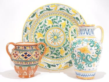 Italian Majolica Charger & Two Vases