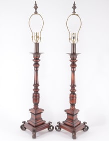 Pair Turned Wood Table Lamps, marked MH