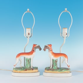 Pair of Staffordshire Whippet Figures as Lamps