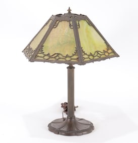 Am. Arts & Crafts Slag Glass /Metal Table Lamp